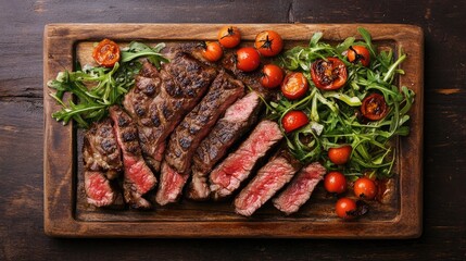 A beautifully composed steak dinner on a elegant platter, with slices of tender beef steak, roasted cherry tomatoes, and fresh arugula salad.