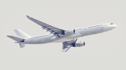 Obraz premium A white airplane with two engines flies in the gray sky, nose forward, landing gear released.