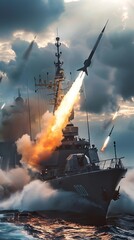 Fototapeta premium An intense image of a battleship launching multiple missiles at sea conveys a high-energy military encounter with dynamic action and dramatic atmosphere.