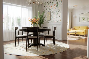 Dining room with floral wallpaper and modern table settings, created with generative AI