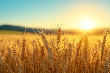Obraz premium A detailed close-up panoramic view of golden wheat fields gently swaying in the breeze under a clear azure sky during a vibrant sunset. Warm sunlight casts a golden glow over the landscape.