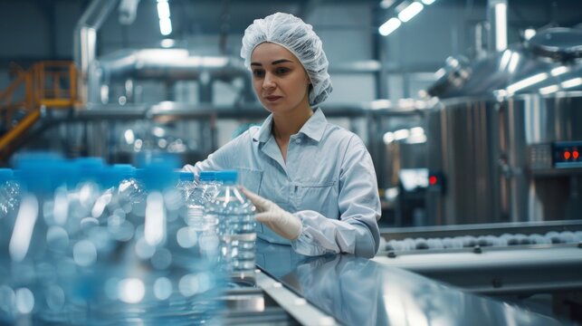 Woman in blue shirt and hairnet works at water bottling factory assembly line. Focuses on handling filled bottles in clean, well-lit, hygienic environment.
