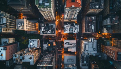 Aerial view of city skyline at dusk
