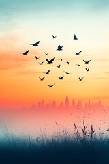 Obraz premium Sunset Sky with Birds Over City Silhouette