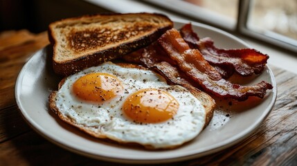 Fried eggs on a plate with a side of bacon and toast, served on a rustic breakfast table with a soft, realistic morning light