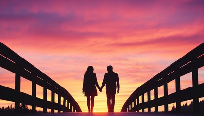Fototapeta premium A couple holding hands, standing on a bridge at sunset, symbolizing the promise of a shared journey