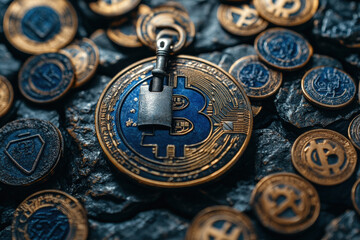 Bitcoin Security Concept with Locked Coin During Night. A close-up shot of a Bitcoin with a lock, emphasizing the concept of cryptocurrency security, taken in a dimly lit environment at night 