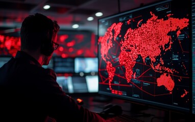 A digital world map displayed across multiple screens in a news control room, with producers monitoring live updates from around the world
