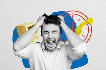 Composite photo collage of angry businessman tear hair work pressure call center operator handset...