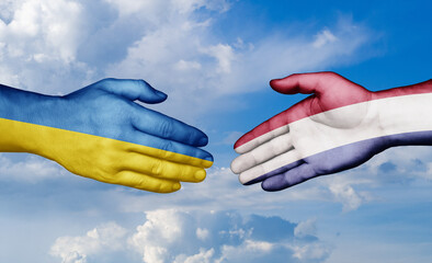 Netherlands and Ukraine country handshaking with flags, consensus concept international co-operation illustration