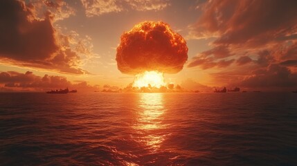 Nuclear Explosion over the Ocean with Mushroom Cloud Rising