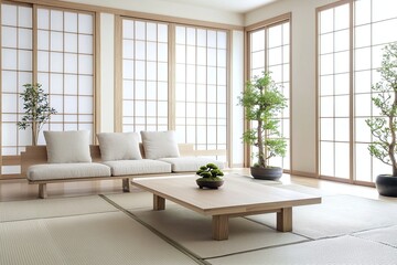 Modern japandi interior photograph of a living room with grid-patterned wood window doors and wood tables and cushions. Generative AI
