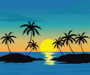 Silhouette landscape of tropical island sunset with palm trees