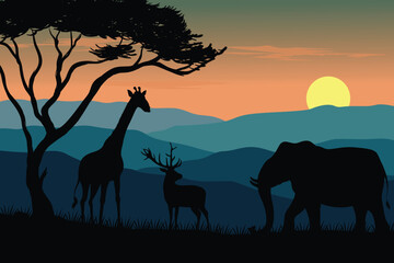 Silhouette landscape at sunset over a mountain with wildlife in evening glow