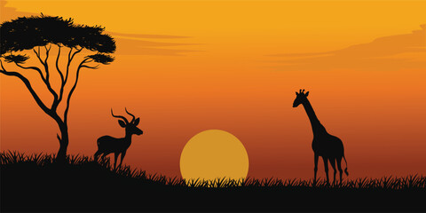 Silhouette landscape of tropical sunset with wildlife in evening glow