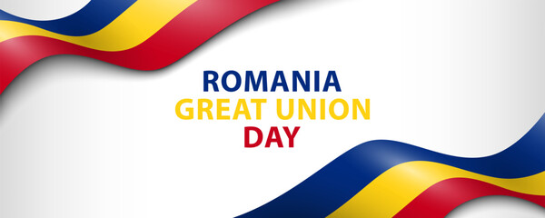 Text Romania Great Union Day and Romanian flags as ribbons on white background, simple minimalist banner design.