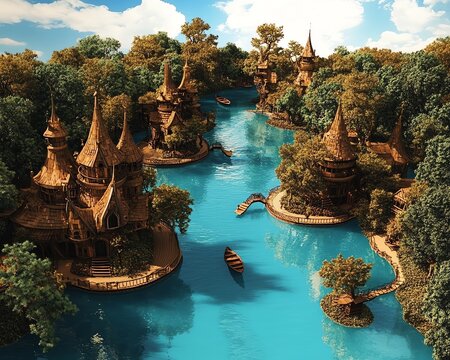 Surreal aerial landscape merging fantasy realms with culinary masterpieces, rivers of chocolate weave through enchanted forests