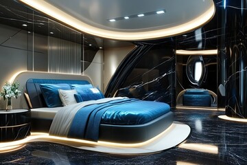 Fototapeta premium luxury blue bed in futuristic hotel room with sleek furniture featuring black and cream palette 