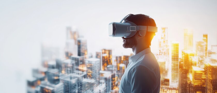 A virtual reality display showcasing sensordriven analytics about city growth, blending physical and digital cityscapes, smart city, VR technology, sensors