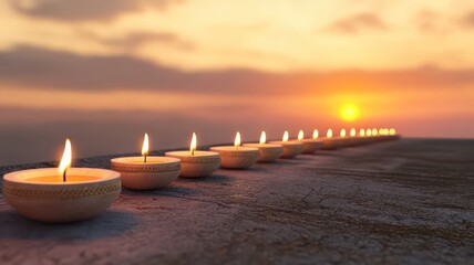 A serene sunset view with lit candles lining the horizon, symbolizing peace and tranquility.