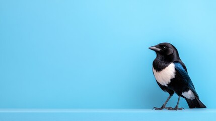 Fototapeta premium A striking black and white magpie perches elegantly, showcasing its vibrant plumage against a soothing light blue backdrop, creating a captivating contrast