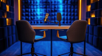 empty podcast set with two chairs and a microphone, with blue lighting and gold accents