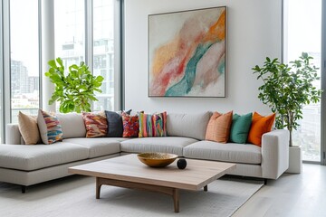 A modern mid-century modern interior photo of a residential living room with an art frame hanging and sofa and multicolored cushions and tables. Generative AI
