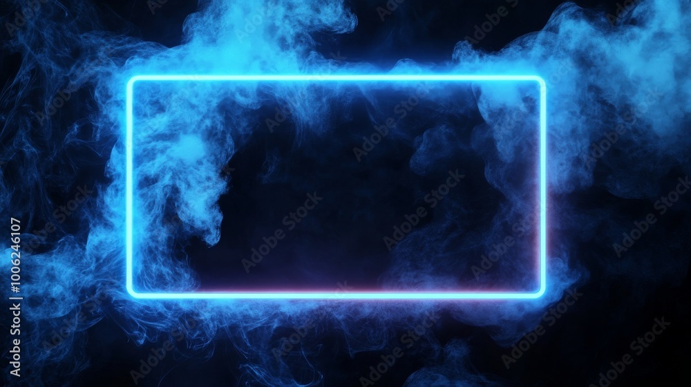 Wall mural Blue neon frame glowing behind clouds of smoke on black background