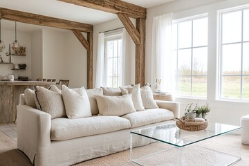 A modern Scandinavian interior photo of a woody interior and a country house living room with a white sofa and table. Generative AI
