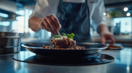 The chef focuses on precision as they artfully arrange a deconstructed dessert on a black ceramic plate, surrounded by state-of-the-art kitchen equipment, capturing a moment of culinary creativity