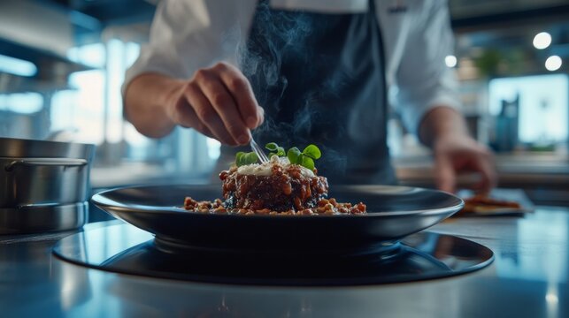 The chef focuses on precision as they artfully arrange a deconstructed dessert on a black ceramic plate, surrounded by state-of-the-art kitchen equipment, capturing a moment of culinary creativity