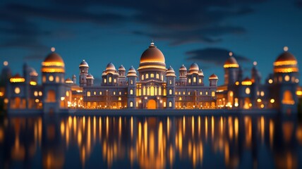 Fototapeta premium Stunning illuminated palace at night, reflecting on serene water.