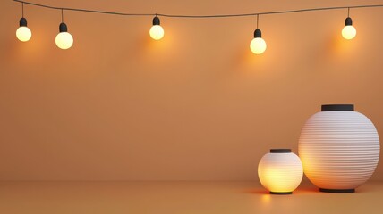 String lights illuminate a cozy space with decorative lanterns on a warm orange wall.