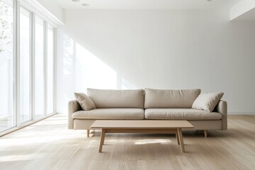 A modern living room with a combination of Scandinavian interiors and minimalist interiors, with white-finished walls and a sofa and wooden table. Generative AI
