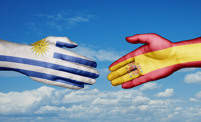 Spain and Uruguay country handshaking with flags, consensus concept international co-operation illustration