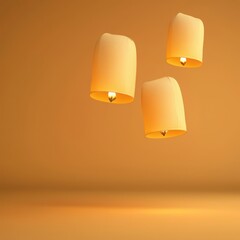 Floating lanterns in warm hues, symbolizing hope and celebration, on a soft orange background.