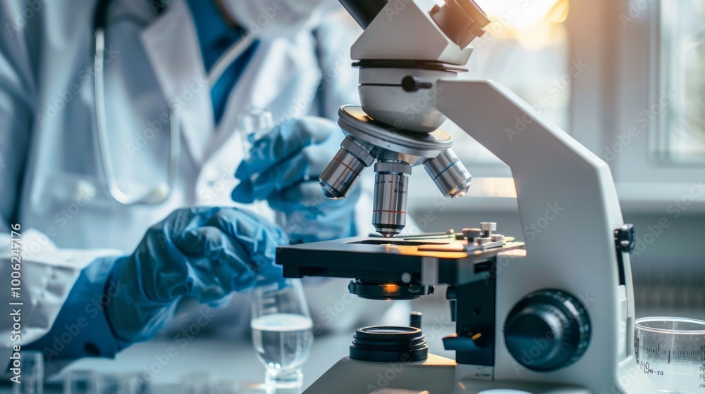 Poster A scientist is using a microscope to examine a sample