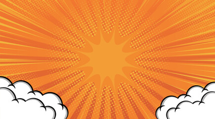 Comic Pop art orange background with clouds. Cute retro stripes pattern. Vector halftone illustration. For comic superhero text, speech bubble, message