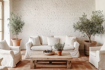 Fototapeta premium A Scandinavian interior photo of a modern living room with a white cushioned sofa in a wood frame and wood table and Scandinavian interior accessories. Generative AI 