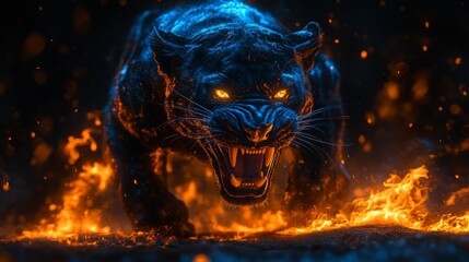Angry black panther with open mouth and fiery mane, Glowing eyes, jumping, blue fire flames and sand at night background. Intense Black Panther with Fierce Glowing Eyes in Blue Fiery Ambience