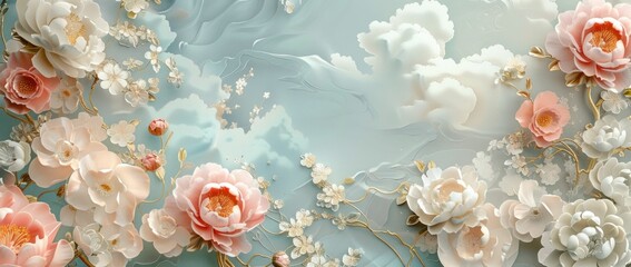 Beautiful floral wallpaper design featuring peonies and cherry blossoms on a soft blue background