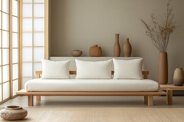 A Scandinavian interior photo of a modern living room with a white cushioned sofa in a wood frame and wood table and Scandinavian interior accessories. Generative AI
