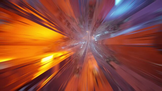 Riding an abstract roller coaster through a technological tunnel at high speed. 3D animation.