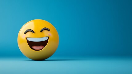 Fototapeta premium Yellow emoji expressing joy and laughter on blue background