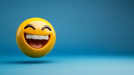 Fototapeta premium Yellow emoji showing teeth and laughing out loud on blue background