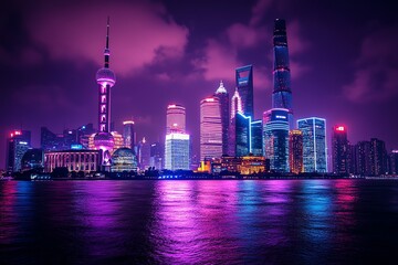 Obraz premium Neon cityscape with glowing lights