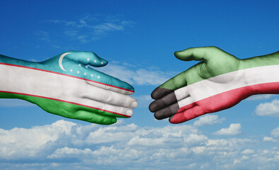 Kuwait and Uzbekistan country handshaking with flags, consensus concept international co-operation illustration