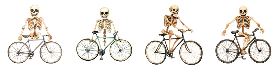 Fototapeta premium Skeletons riding bicycles in various poses, quirky and fun, white isolated background.