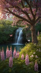 Naklejka premium Waterfall cascading into tranquil pool surrounded by lush greenery, pink flowering trees, and colorful wildflowers. Scene evokes peaceful, idyllic natural setting