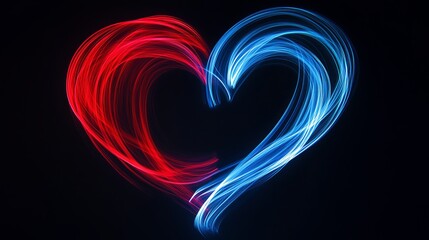 Red and blue light trails forming a heart shape on black background